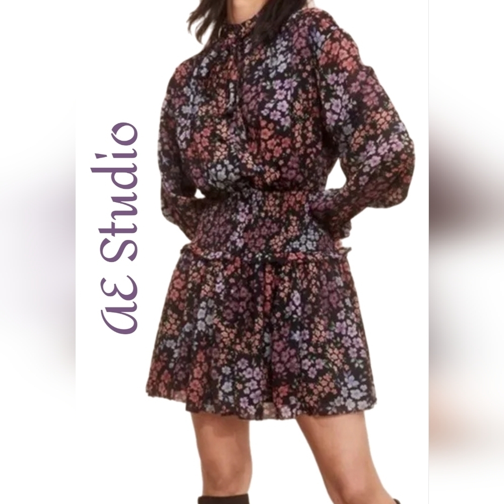 A.E. Studio Womens Floral Chiffon Full Button Front Mini Dress Sz M Black Purple